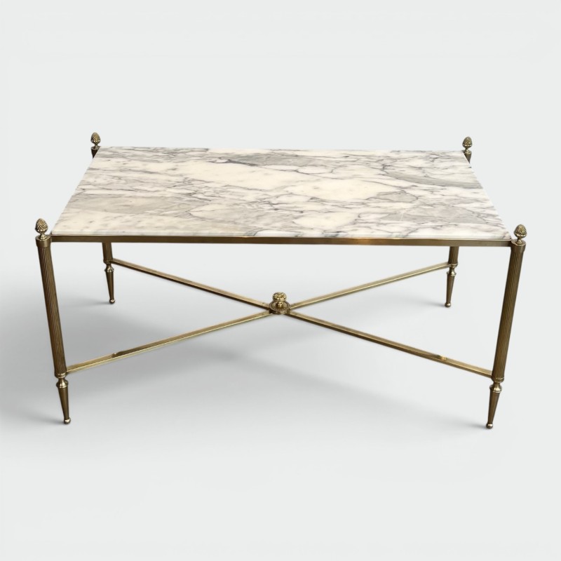 Table Basse Néoclassique en Laiton et Marbre de Carrare, Maison Jansen, Travail Français, vers 1940
