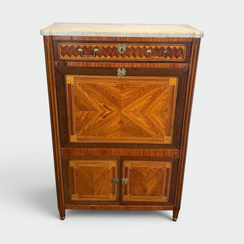 Louis XVI Marquetry Sécrétaire à Abattant, Carrara Marble, French Work, circa 1800 | Maison BARROIS
