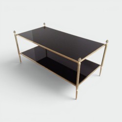 Neoclassical Style 2 Tiers Coffee Table made of Brass and Bronze with Black Lacquered Glass Shelves by Maison Baguès