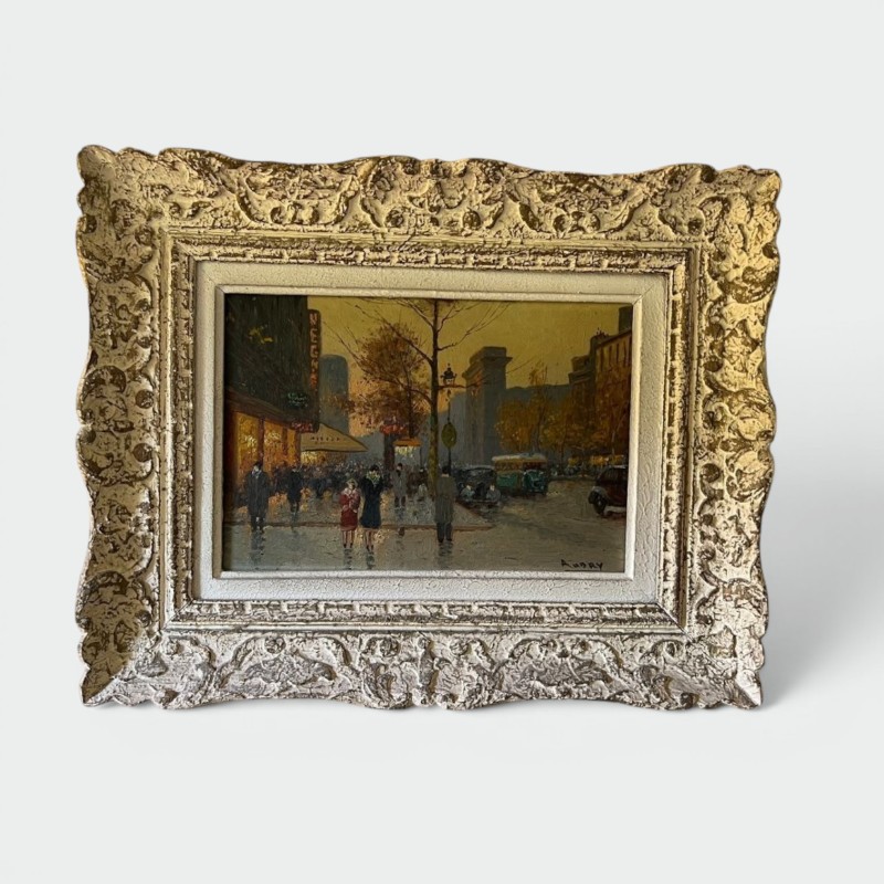 Huile sur Toile, Scène de Boulevard Parisien, Signée Audry — Travail Français, Vers 1930
