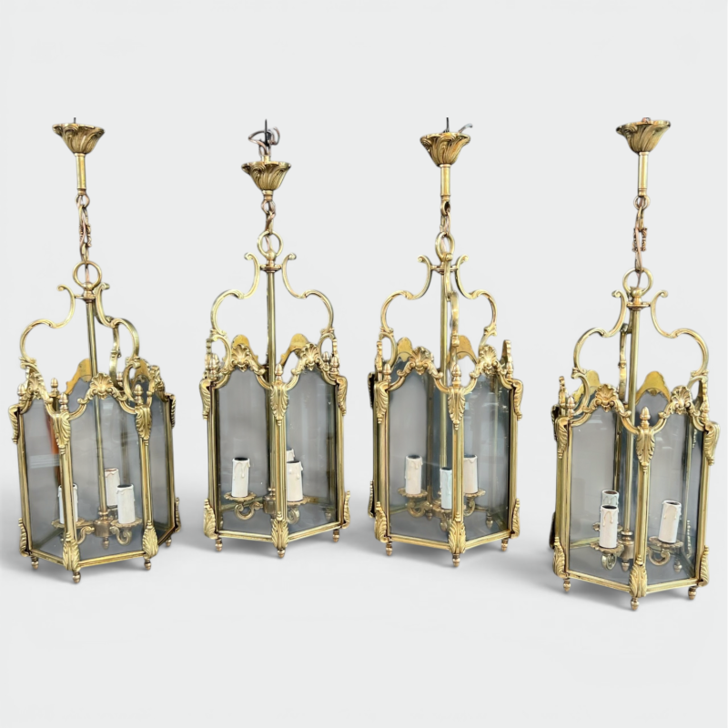 Set of Four Hexagonal Bronze Lanterns, Louis XV Style — French, circa 1950