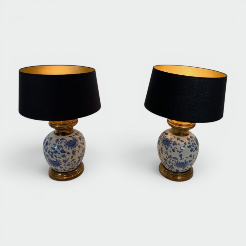 Pair of Chinoiserie Porcelain Table Lamps, Brass Mounts, circa 1970