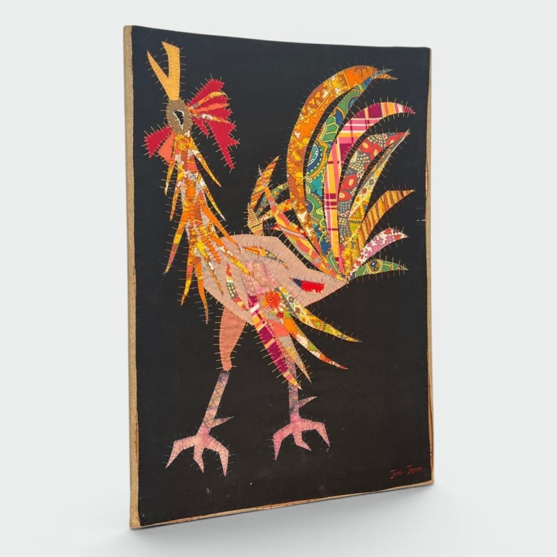 Panneau en Patchwork Représentant un Coq, Signé Jean Joseph — Travail Français, Vers 1970