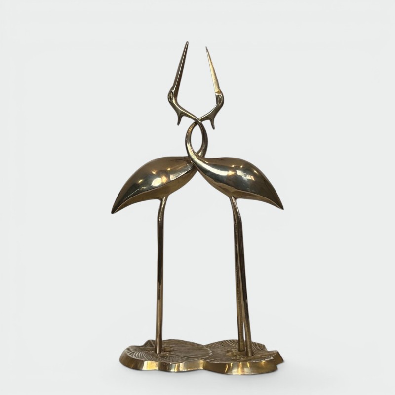 Sculpture en Laiton Poli de Deux Grues Enlacées — Travail Français, Vers 1970