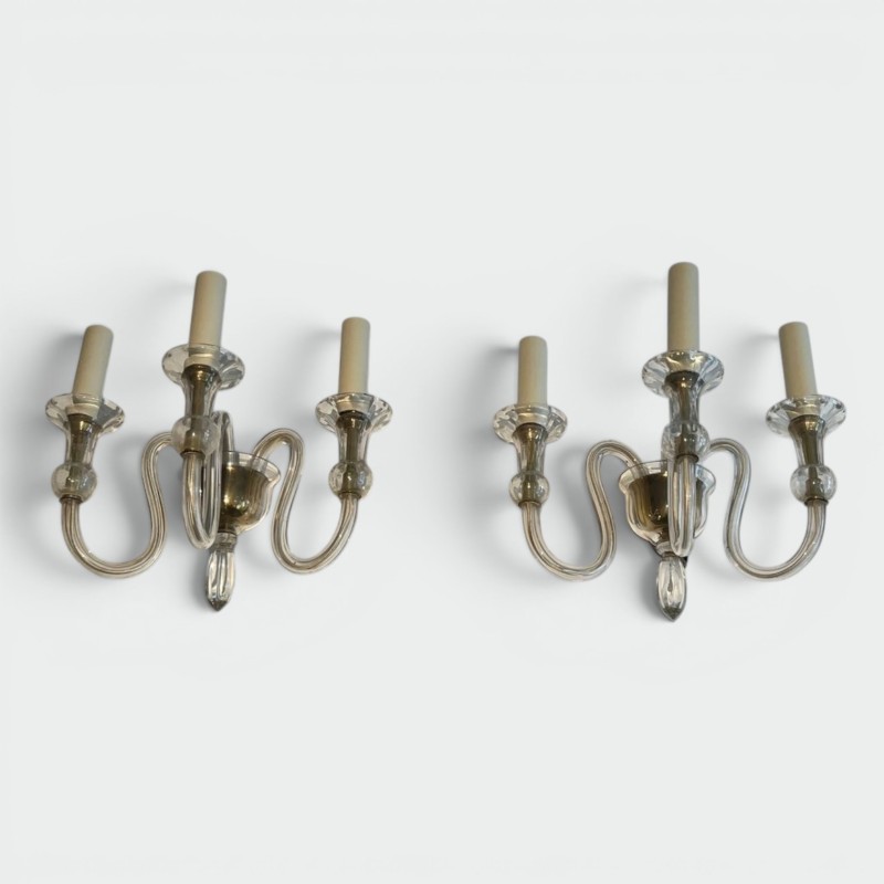 Paire d'Appliques en Cristal de Murano à Trois Bras | Travail Italien, vers 1940