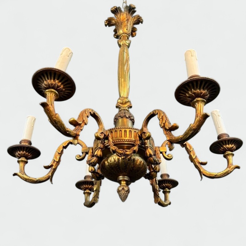 Lustre Bronze 6 Bras Style Louis XVI Néoclassique France circa 1900