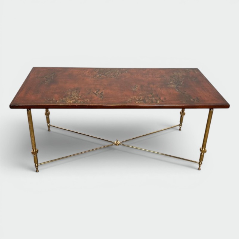 Table Basse Néoclassique Laiton Plateau Laqué Chinoiseries, Attribuée Maison Jansen, 1940 | Maison BARROIS