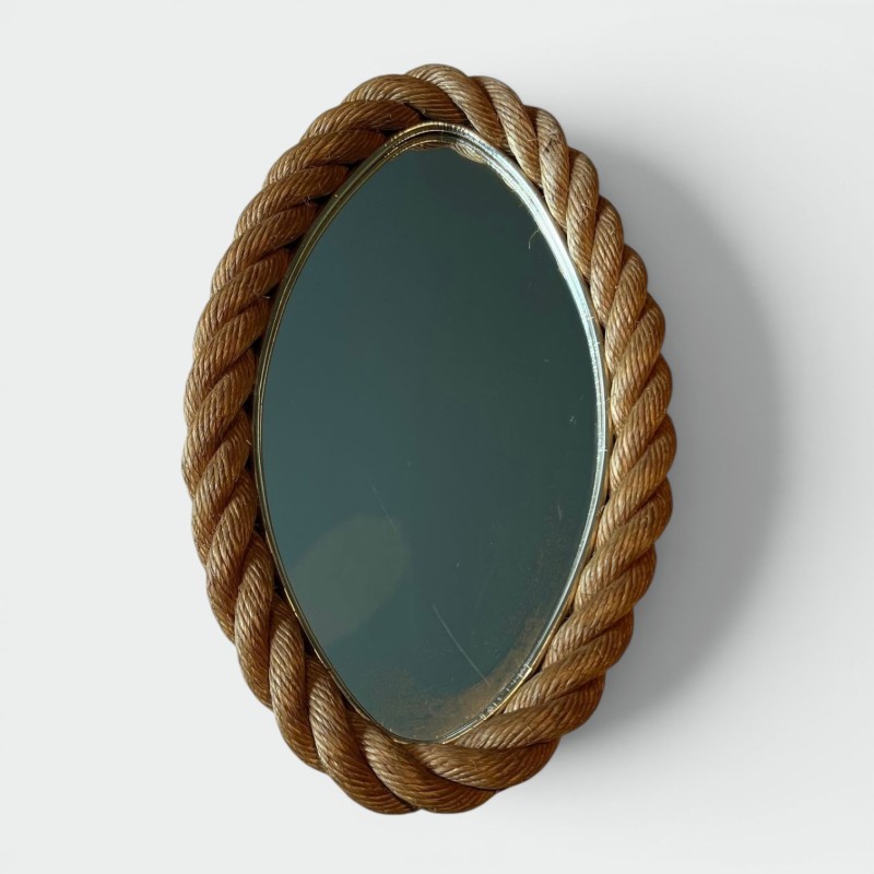 Miroir Ovale en Corde Tressée dans le Style d'Audoux-Minet — Travail Français, Vers 1970
