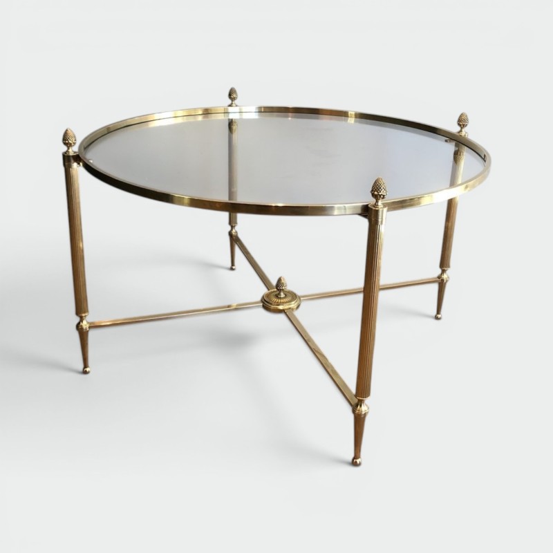 Table Basse Ronde en Laiton Néoclassique, Maison Baguès, France, vers 1940