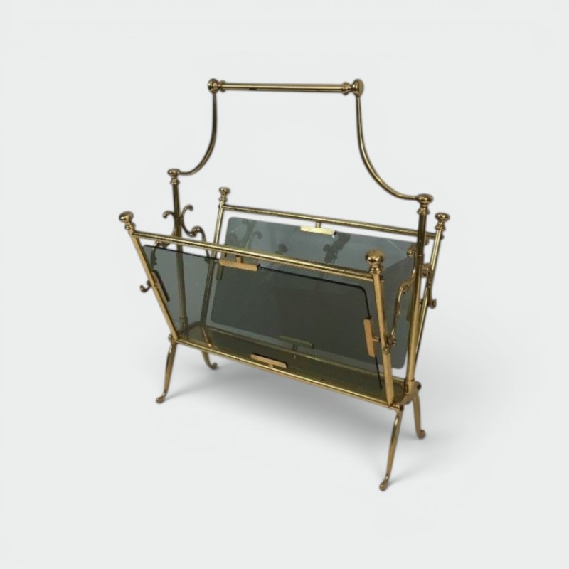 Magazine Rack Neoclassical in Brass and Blue Tinted Glass - Maison Barrois