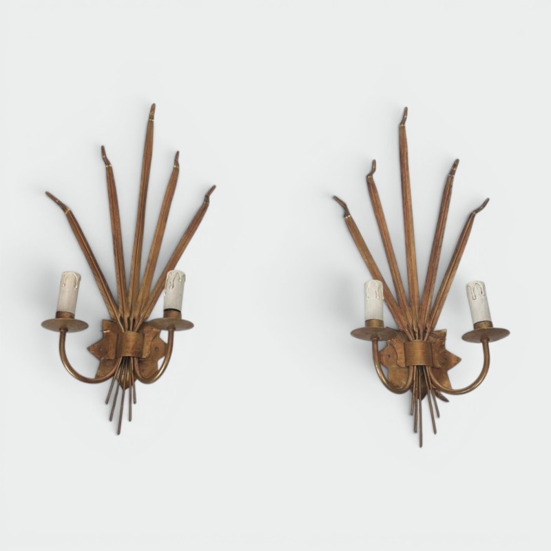 Paire d'Appliques Dorées aux Épis de Blé dans le Goût de Chanel | Travail Français, vers 1970