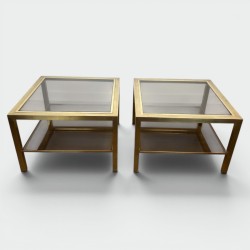 Pair of Square Brass Side Tables with Smoked Glass, France, circa 1970