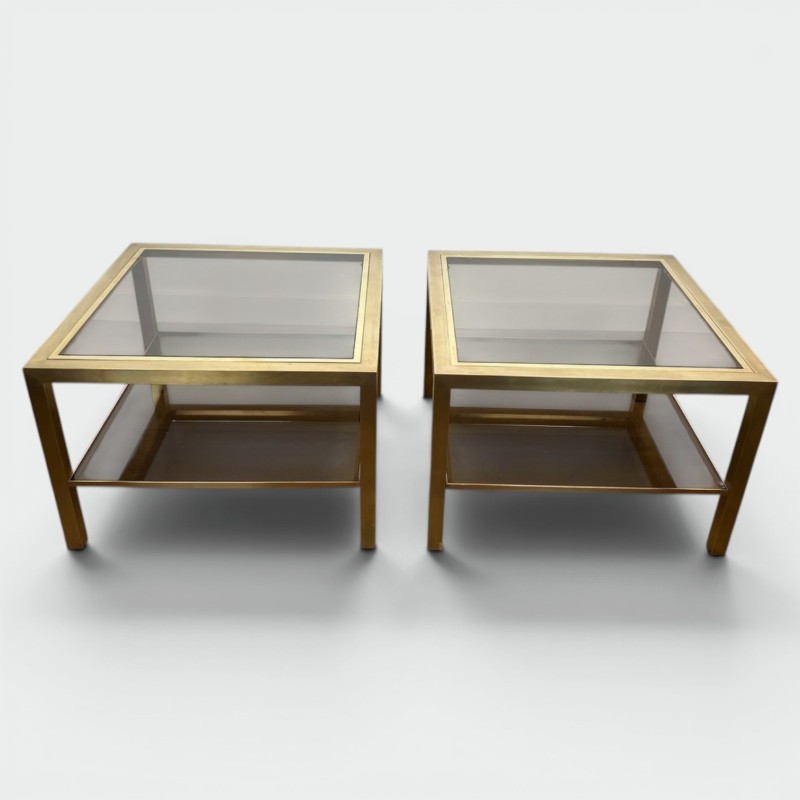 Pair of Square Brass Side Tables with Smoked Glass, France, circa 1970