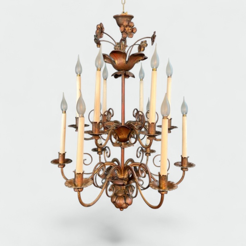 Lustre Métal Doré 2 Niveaux 12 Bras Goût Maison Baguès Art Déco France