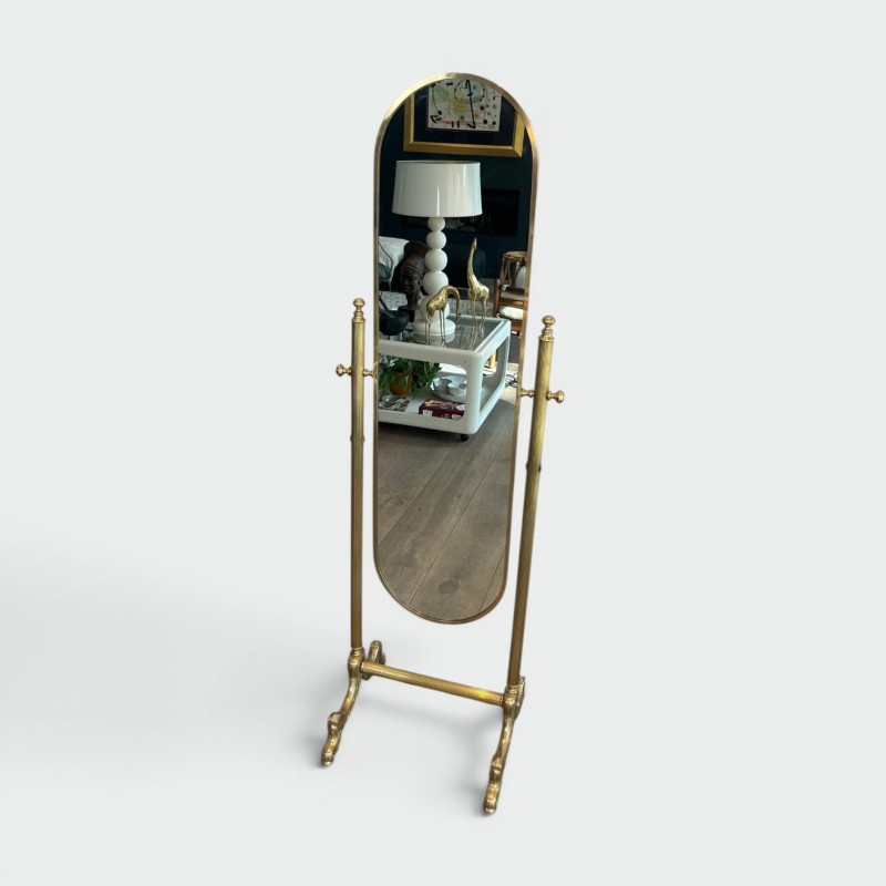 Neoclassical Style Full-Length Brass Psyché Mirror — French Work, Circa 1940