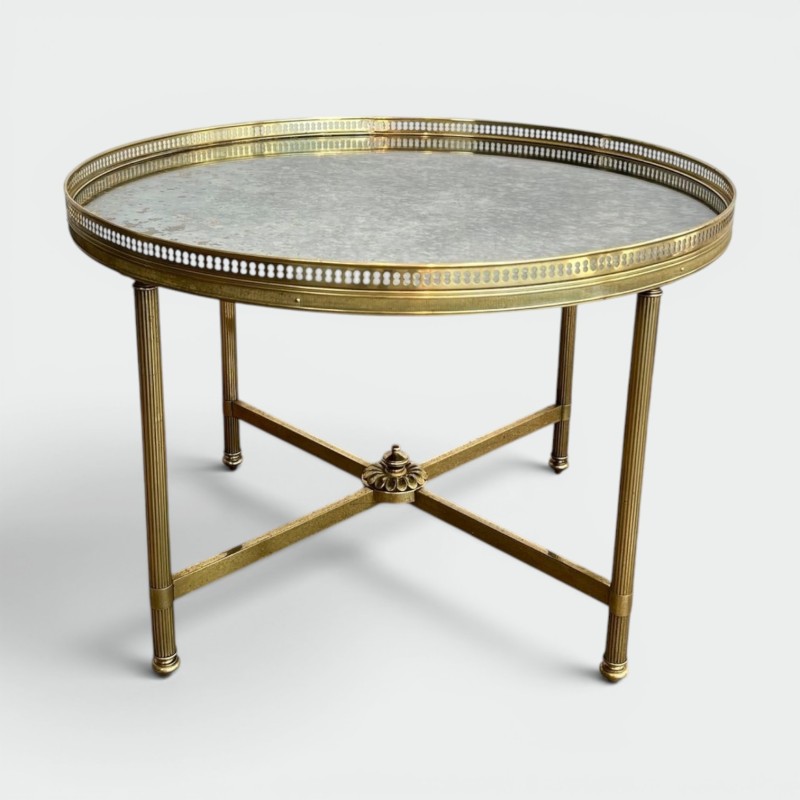 Table Basse Néoclassique en Laiton, Miroir Vieilli, Maison Baguès, vers 1940