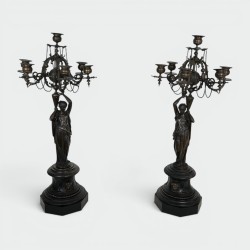 Pair of Important Candelabras in Patinated Bronze featuring Caryatids Holding 5 Candleholders Dans le Goût Louis-Valentin Eli...