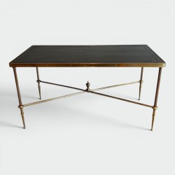 Brass Neoclassical Coffee Table, Black Leather with Gilt Border, Maison Jansen, c. 1940