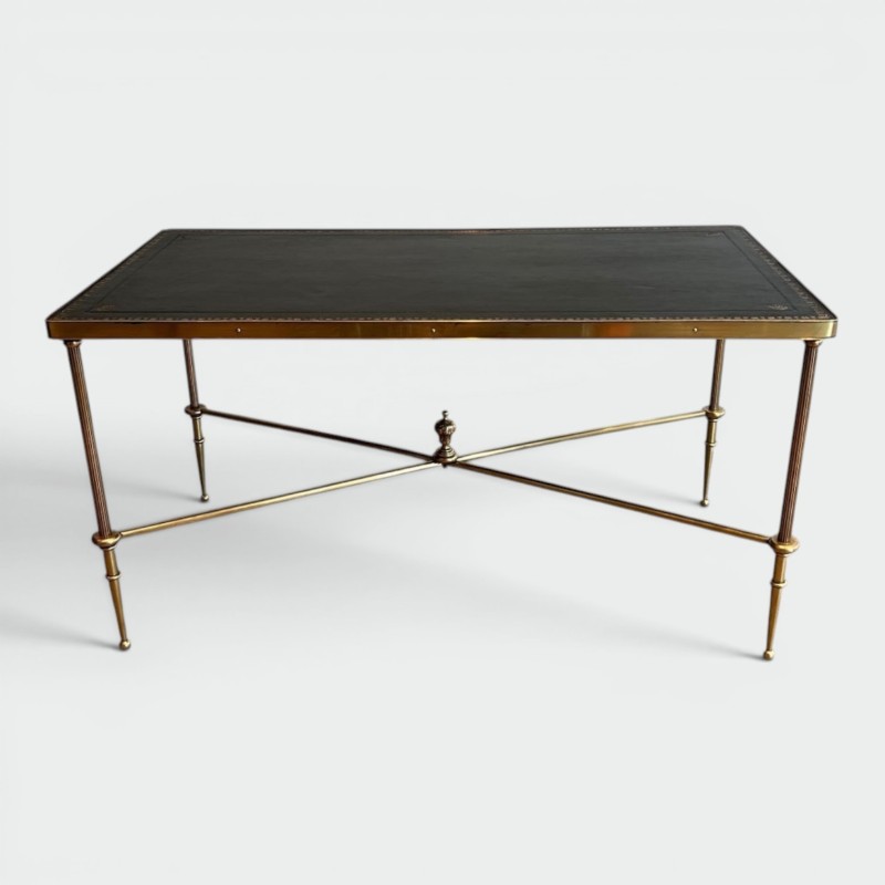 Brass Neoclassical Coffee Table, Black Leather with Gilt Border, Maison Jansen, c. 1940