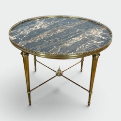 Round Brass Neoclassical Coffee Table with Marble Top, Maison Ramsay, circa 1940