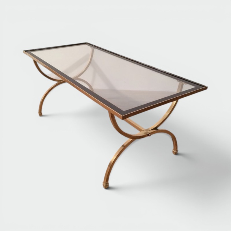 Table Basse Art Déco en Laiton, Verre et Laque Noire, Maison Jansen, vers 1940