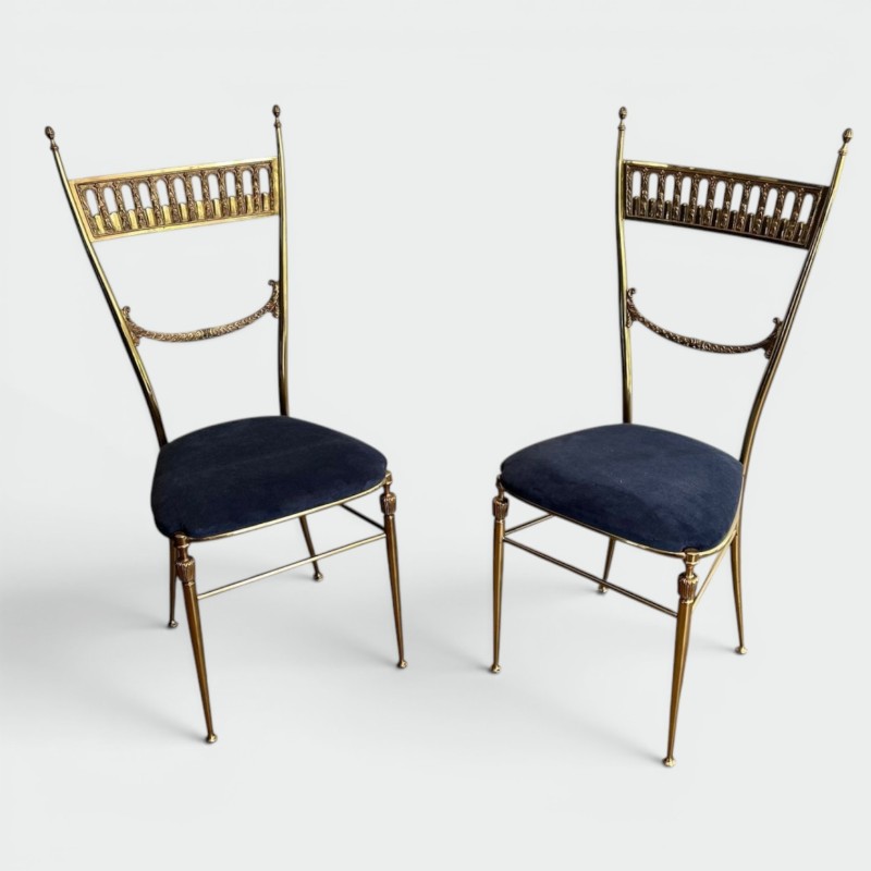 Pair of Neoclassical Brass Chairs, Royal Blue Velvet, Maison Jansen, c. 1940