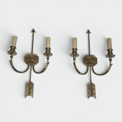 Pair of Empire Bronze Arrow Wall Sconces, Sun King Effigy, by Lucien Gau | circa 1950