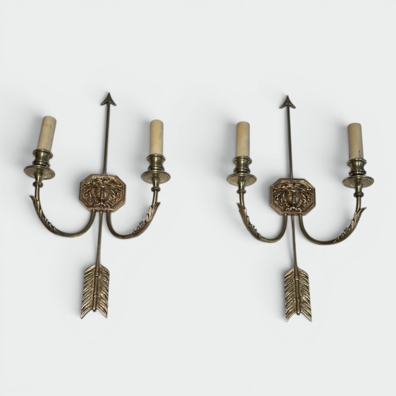 Pair of Empire Bronze Arrow Wall Sconces, Sun King Effigy, by Lucien Gau | circa 1950