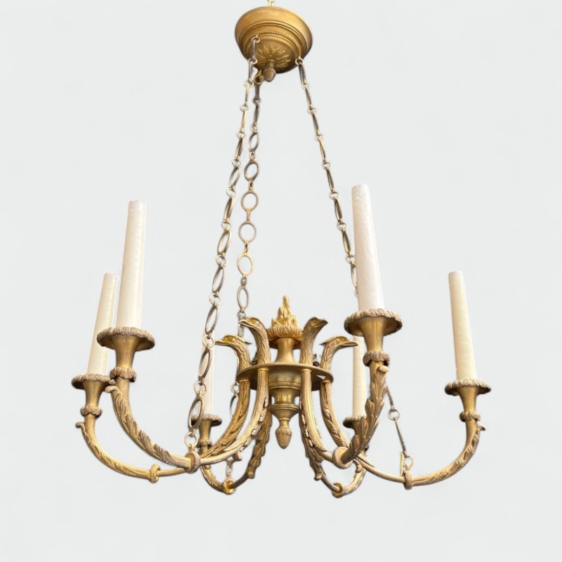 Empire Bronze Chandelier 6 Arms Eagle Heads Flame French circa 1900