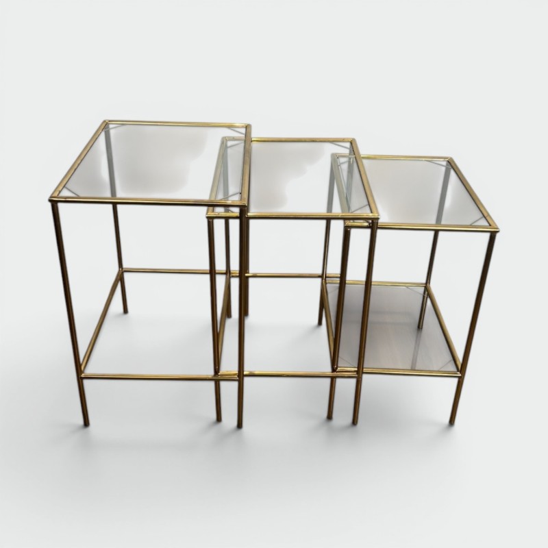 Suite Tables Gigognes Néoclassiques Laiton et Verre, Travail Français, vers 1970