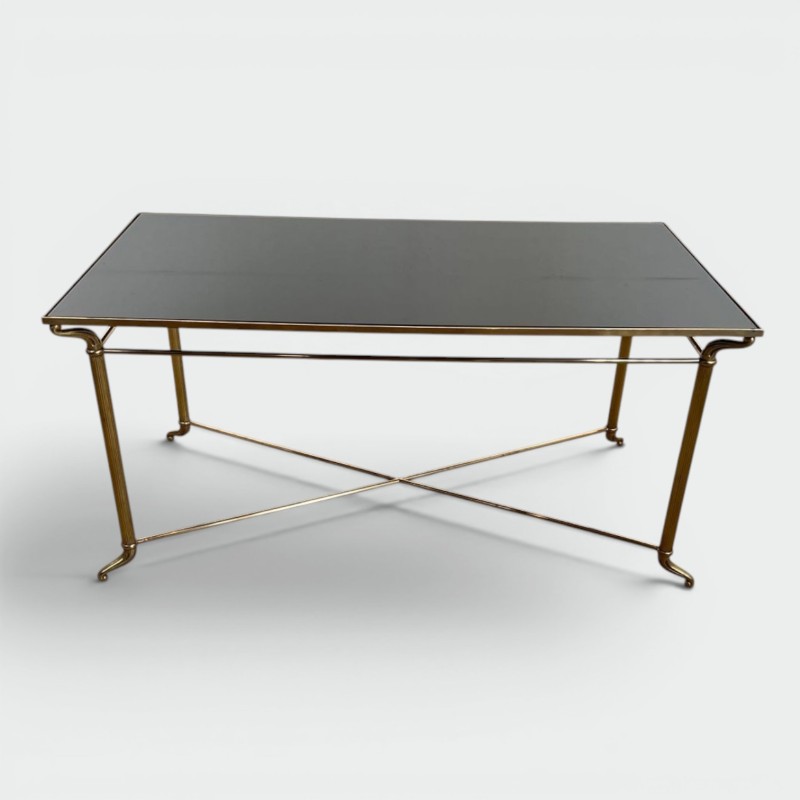 Table Basse Laiton Plateau Verre Laqué Noir, Dans le Goût de Jansen, France, vers 1940