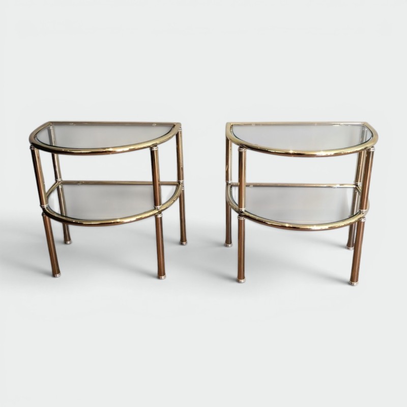 Pair of D-Shaped Two-Tier Brass Side Tables with Glass Shelves, French Work, circa 1970