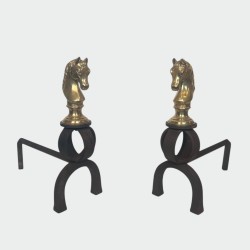 Pair of Gilt Bronze and Wrought Iron Horse Head Andirons, French, Circa 1900