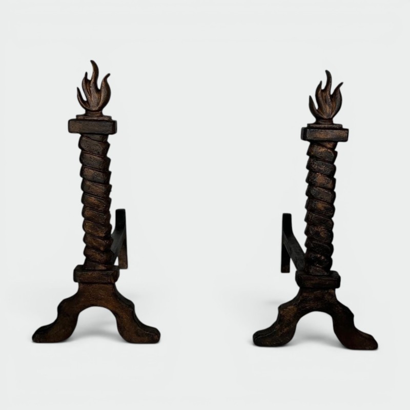Pair of Wrought Iron and Gilt Cast Iron Flame Andirons, in the Style of Gilbert Poillerat