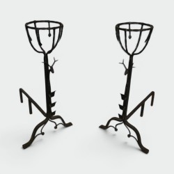 Important Pair of 19th Century Wrought Iron Landiers with Deer Head Finials