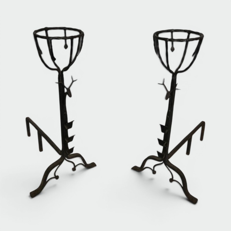 Important Pair of 19th Century Wrought Iron Landiers with Deer Head Finials