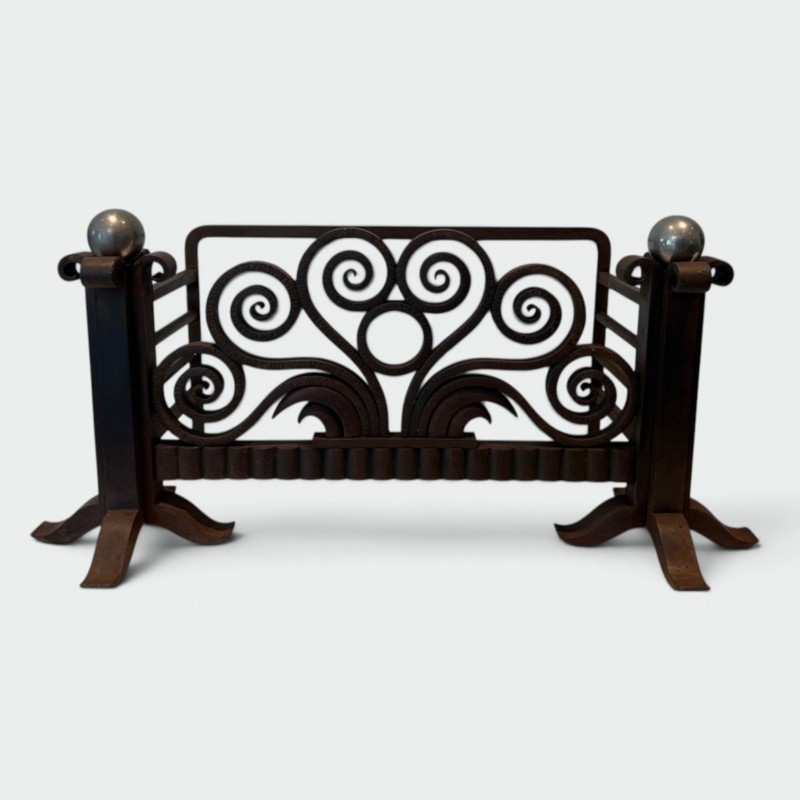 Modernist Hammered Wrought Iron and Chrome Log Cradle or Andirons in the Style of Edgar Brandt