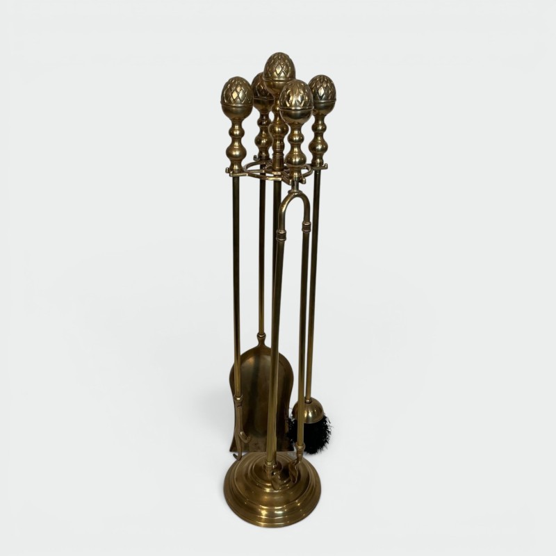 Neoclassical Style Brass Fireplace Companion Set with Spherical Pine Cone Finials, Baguès Style