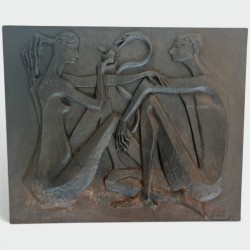 Plaque de Cheminée Moderniste en Fonte, Adam et Ève, Pomme et Serpent, Signée Stern