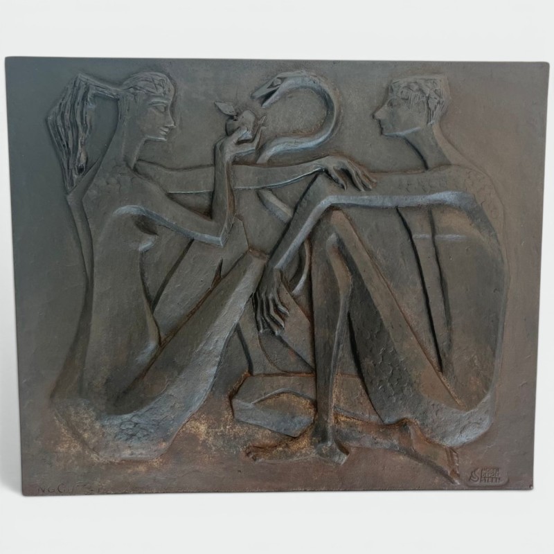 Plaque de Cheminée Moderniste en Fonte, Adam et Ève, Pomme et Serpent, Signée Stern
