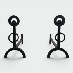 Pair of Modernist Wrought Iron Andirons with Double Ring Uprights and Arched Feet