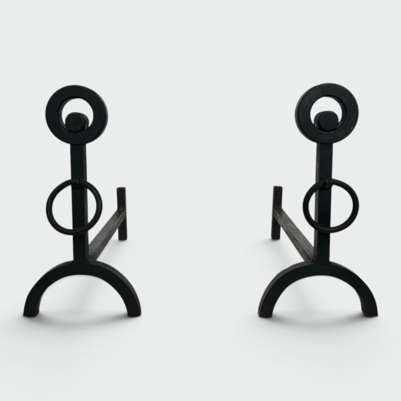 Pair of Modernist Wrought Iron Andirons with Double Ring Uprights and Arched Feet
