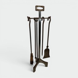 Modernist Hammered Steel Fireplace Companion Set with Five Tools on Stand