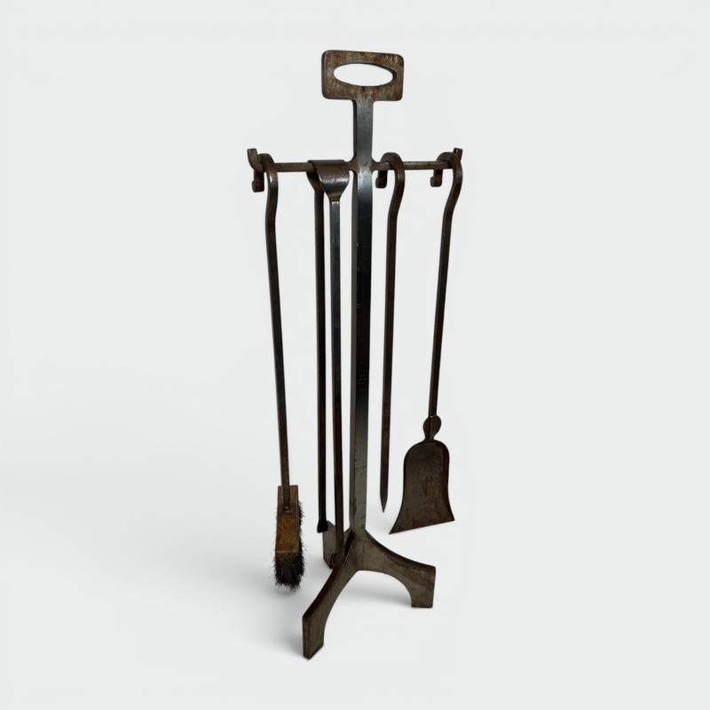 Modernist Hammered Steel Fireplace Companion Set with Five Tools on Stand