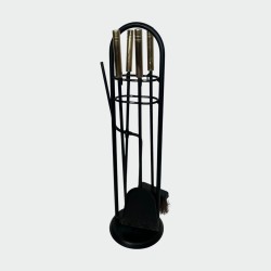 Modernist Black Lacquered and Brass Fireplace Companion Set with Cage Stand and Ring Handle