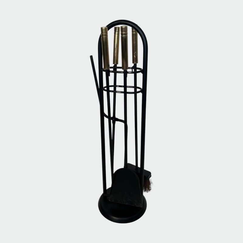 Modernist Black Lacquered and Brass Fireplace Companion Set with Cage Stand and Ring Handle