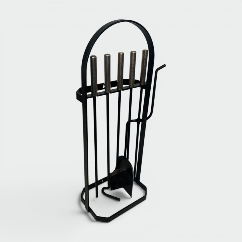 Nécessaire de Feu Moderniste Laqué Noir et Chrome à Support Cage, Sol ou Mur