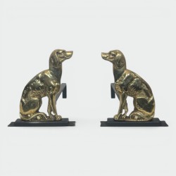 Pair of Art Déco Chiseled Bronze Sporting Dog Andirons on Black Iron Bases