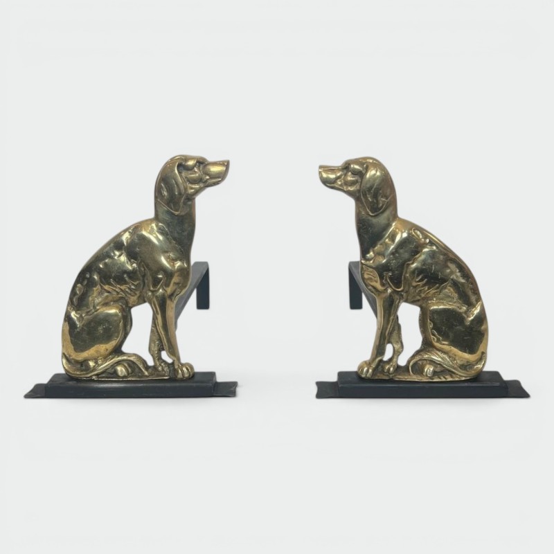 Pair of Art Déco Chiseled Bronze Sporting Dog Andirons on Black Iron Bases