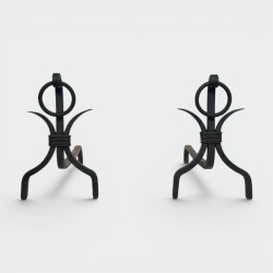 Pair of Modernist Wrought Iron Andirons with Loop Finials in the Style of Jean Royère